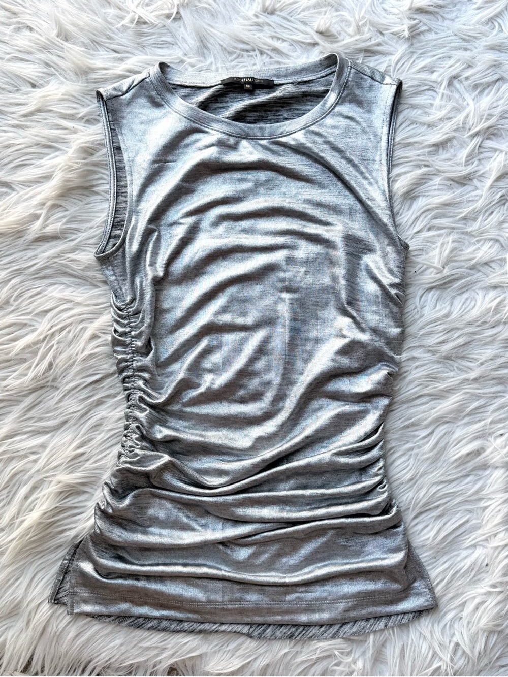 Kobi Halperin Sariyah Metallic Silver Ruched Shirred Sleeveless Top XS